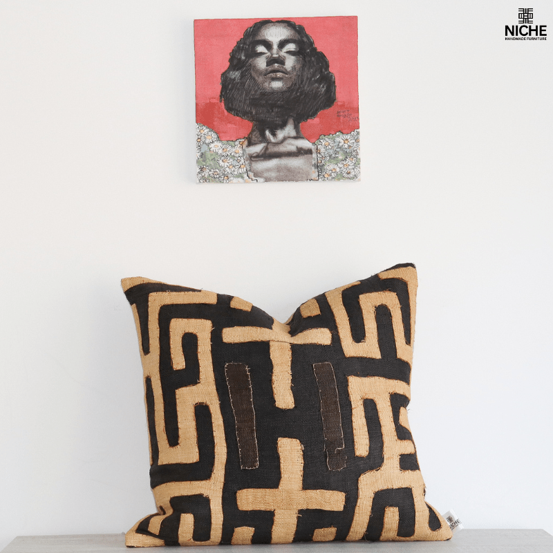 Handmade vintage Kuba Pillow Cover – Handwoven Raffia Pillow with African Geometric Embroidery - Niche Handmade Furniture LLC
