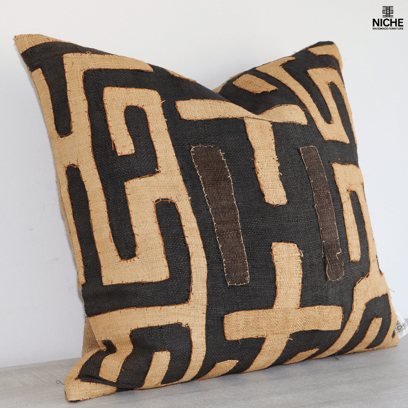 Handmade vintage Kuba Pillow Cover – Handwoven Raffia Pillow with African Geometric Embroidery - Niche Handmade Furniture LLC