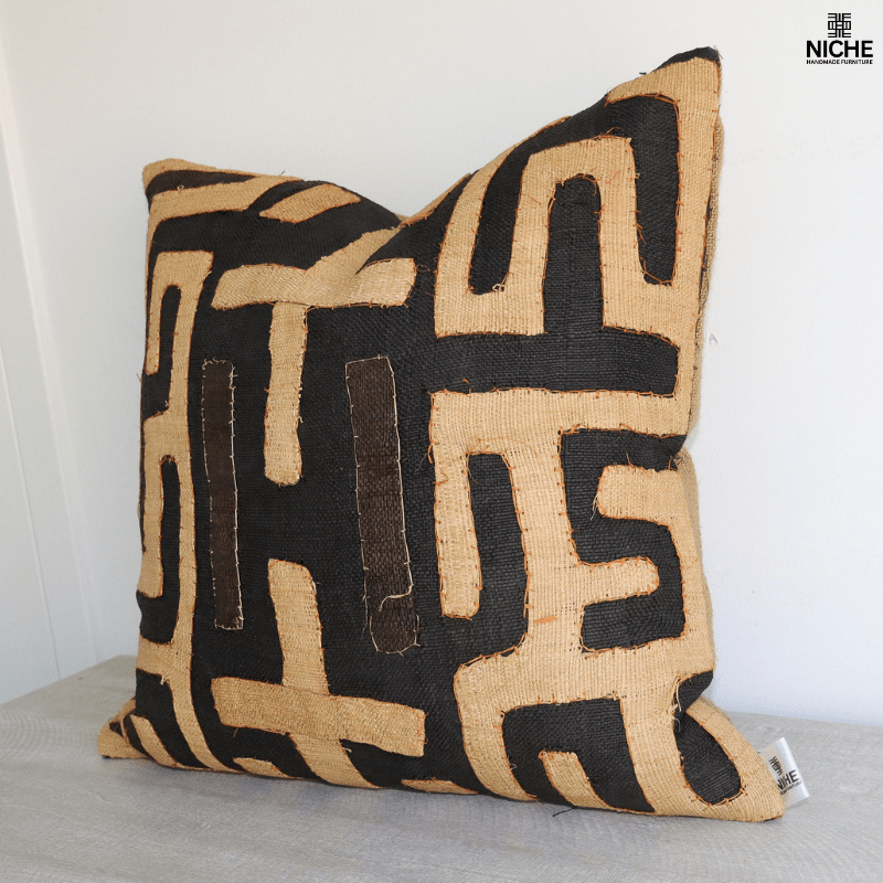 Handmade vintage Kuba Pillow Cover – Handwoven Raffia Pillow with African Geometric Embroidery - Niche Handmade Furniture LLC