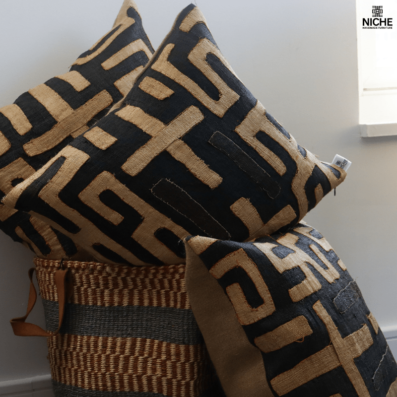 Handmade vintage Kuba Pillow Cover – Handwoven Raffia Pillow with African Geometric Embroidery - Niche Handmade Furniture LLC
