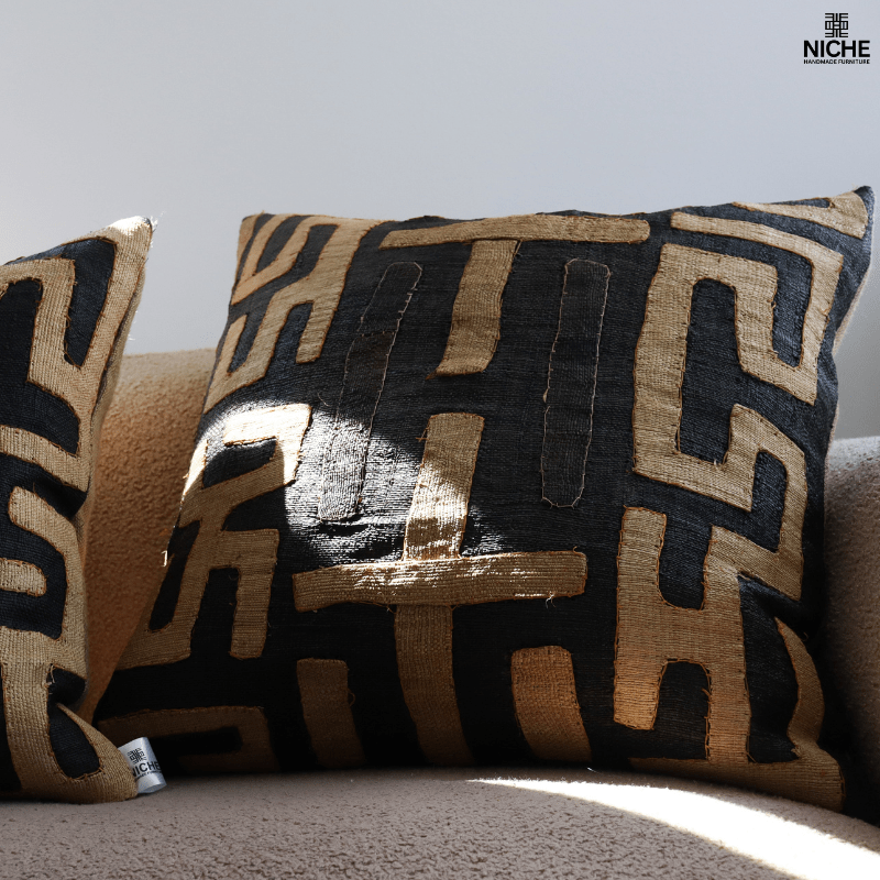 Handmade vintage Kuba Pillow Cover – Handwoven Raffia Pillow with African Geometric Embroidery - Niche Handmade Furniture LLC