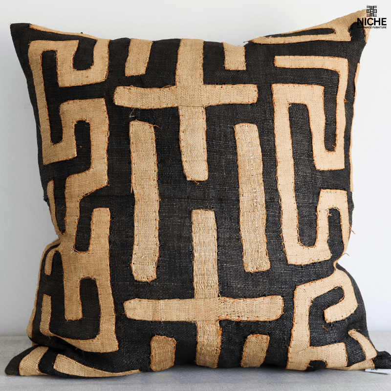 Handmade vintage Kuba Pillow Cover – Handwoven Raffia Pillow with African Geometric Embroidery - Niche Handmade Furniture LLC