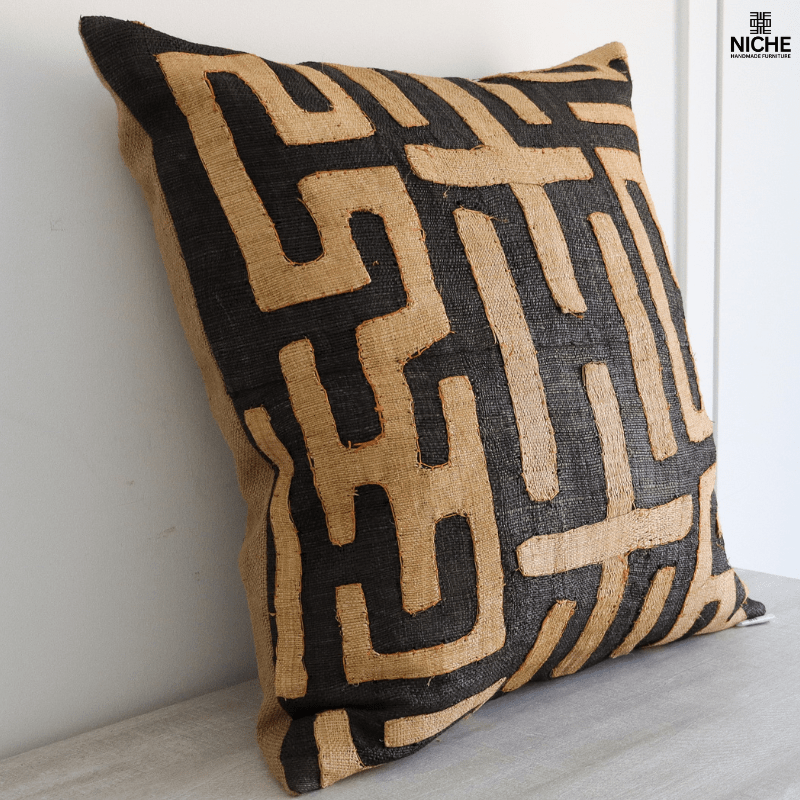Handmade vintage Kuba Pillow Cover – Handwoven Raffia Pillow with African Geometric Embroidery - Niche Handmade Furniture LLC