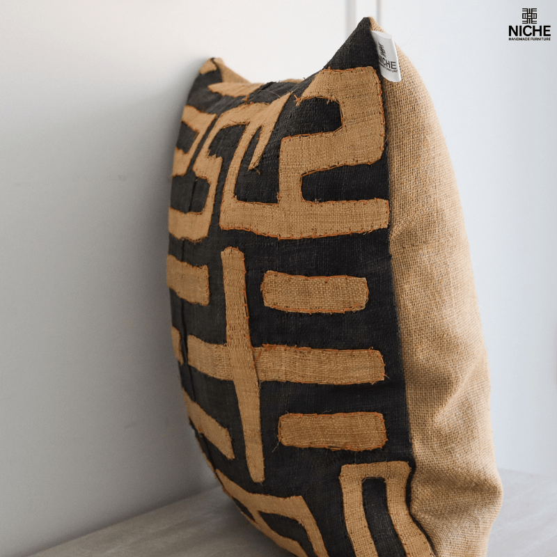 Handmade vintage Kuba Pillow Cover – Handwoven Raffia Pillow with African Geometric Embroidery - Niche Handmade Furniture LLC