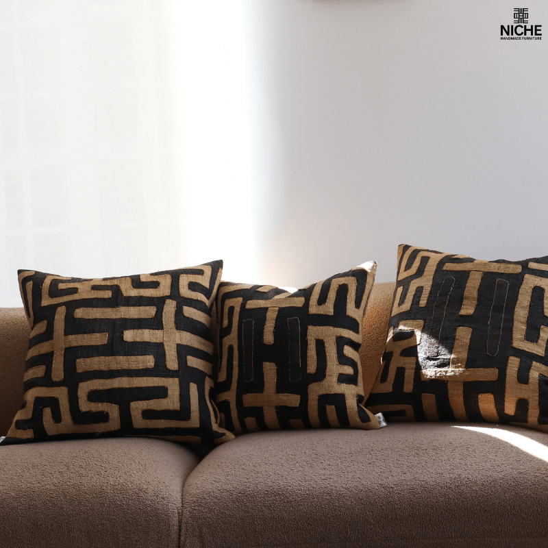 Handmade vintage Kuba Pillow Cover – Handwoven Raffia Pillow with African Geometric Embroidery - Niche Handmade Furniture LLC