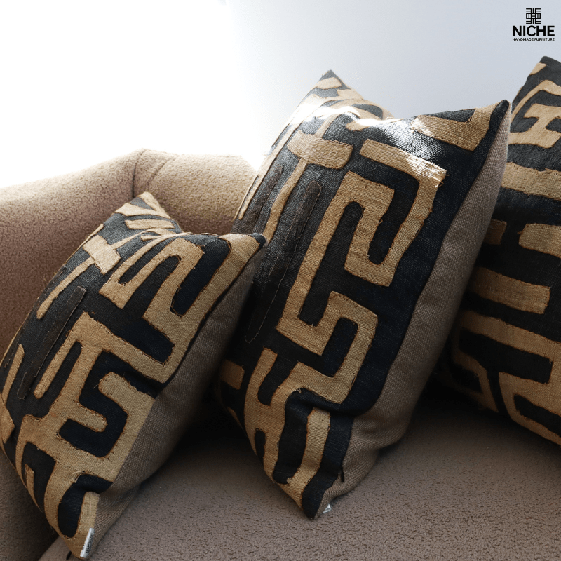 Handmade vintage Kuba Pillow Cover – Handwoven Raffia Pillow with African Geometric Embroidery - Niche Handmade Furniture LLC
