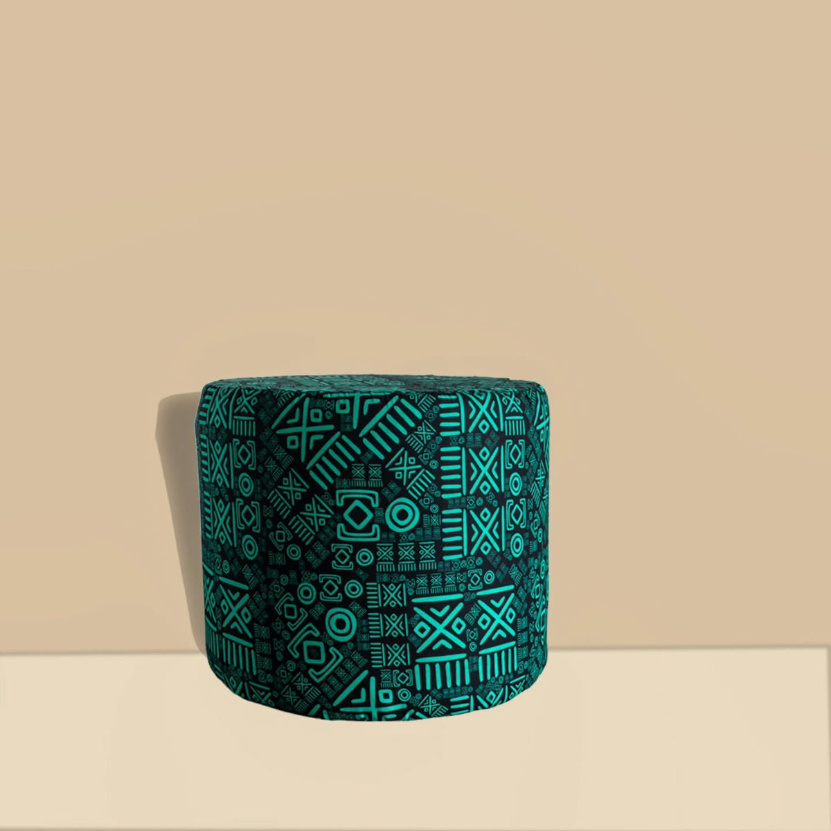 The Drum Pouf — Black & Teal African Wax Print