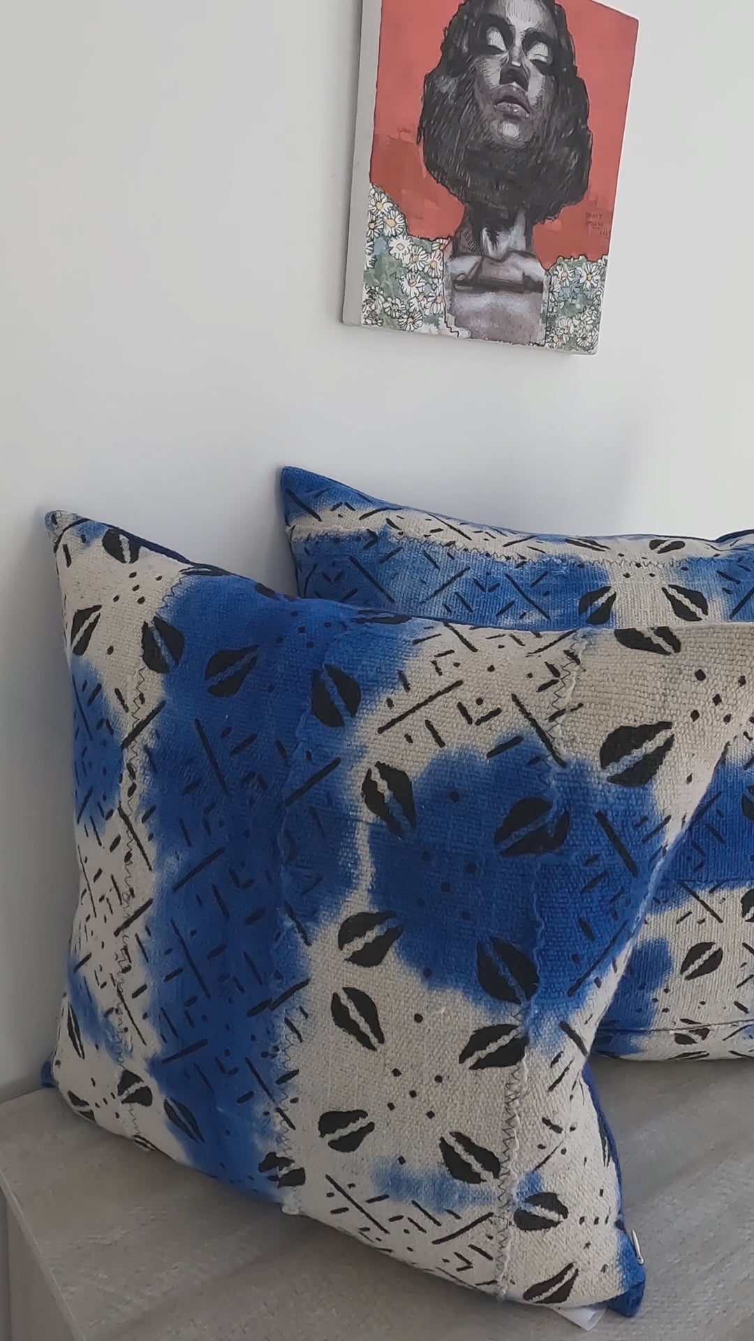 African Mudcloth Cushion in Blue & White